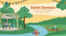 Ilustracja zapowiadająca Dzień Seniora w Konstancinie-Jeziornie, który odbędzie się 6 września 2026 r., przedstawiająca seniorów tańczących w altanie, osobę na rowerze i kajakarza w parku.