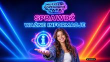 Grafika promująca „Muzyczne Pożegnanie Lata 2026” z napisem „Sprawdź ważne informacje”, przedstawiająca kobietę trzymającą świetlistą ikonę informacji na tle neonowych świateł.