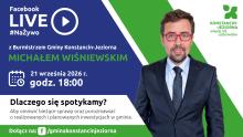 Grafika promująca czat na żywo na Facebooku z burmistrzem Konstancina-Jeziorny Michałem Wiśniewskim, zaplanowany na 21 września o godz. 18.00, z jego wizerunkiem oraz informacją o tematyce spotkania dotyczącej bieżących spraw i inwestycji gminy.