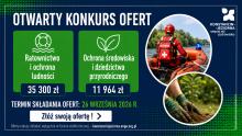 Grafika informująca o otwartym konkursie ofert na zadania z zakresu ratownictwa i ochrony ludności oraz ochrony środowiska i dziedzictwa przyrodniczego, z pulami 35 300 zł i 11 964 zł oraz terminem składania ofert do 26 września 2026 r.