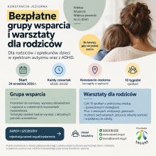 Plakat promujący bezpłatne grupy wsparcia i warsztaty dla rodziców dzieci w spektrum autyzmu oraz z ADHD w Konstancinie-Jeziornie. Na plakacie widnieje zdjęcie matki przytulającej dziecko oraz szczegóły wydarzenia: start 24 września 2026 r., spotkania w każdy czwartek w godz. 18:00–20:00 przez 10 tygodni. Na dole umieszczono logo Fundacji SAVANT oraz informację o zapisach na stronie rejestracja.savant.org.pl/wydarzenia.