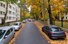 Jesienna, zadrzewiona ulica z zabudową mieszkaniową, chodnikami, latarniami i zaparkowanymi samochodami.