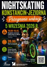 Plakat zapraszający na Nightskating Konstancin-Jeziorna „Pożegnanie wakacji” 5 września 2026 r., z bezpłatnymi warsztatami jazdy na rolkach, przejazdem na trasie ok. 13 km oraz zbiórką przed GOSiR przy ul. Piasta.