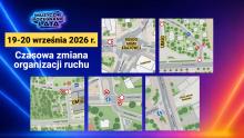 Grafika informuje o czasowej zmianie organizacji ruchu w dniach 19–20 września 2026 r. w związku z wydarzeniem „Muzyczne Pożegnanie Lata” w Konstancinie-Jeziornie i przedstawia mapy z miejscami zamknięć dróg oraz zmian w ruchu.