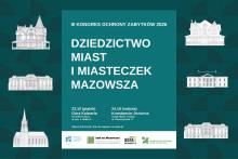 Grafika promująca III Kongres Ochrony Zabytków 2026 pt. „Dziedzictwo miast i miasteczek Mazowsza”, który odbędzie się 23 października w Górze Kalwarii i 24 października w Konstancinie-Jeziornie, z ilustracjami zabytkowych budynków oraz logotypami organizatorów.