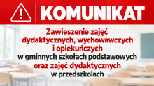 Grafika informująca o zwieszeniu zajęć w szkołach i przedszkolach 