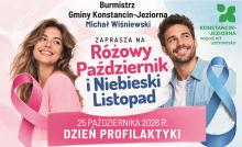 Plakat zapraszający na Dzień Profilaktyki 25 października 2026 r. w Konstancinie-Jeziornie, z wizerunkami kobiety i mężczyzny oraz różową i niebieską wstążką symbolizującymi profilaktykę nowotworową.