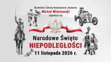 Grafika zapowiadająca obchody Narodowego Święta Niepodległości 11 listopada 2026 r. w Konstancinie-Jeziornie, z wizerunkiem orła w koronie na biało-czerwonej wstędze oraz ilustracjami żołnierza na koniu, biegaczy i pary w strojach ludowych.