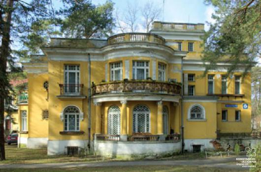 Duży budynek willowy, o nieregularnych ścianach, z kolumnadą na dachu oraz kolumnami na froncie przed półokrągłą apsydą, ściany w kolorze żółtym, wokół drzewa