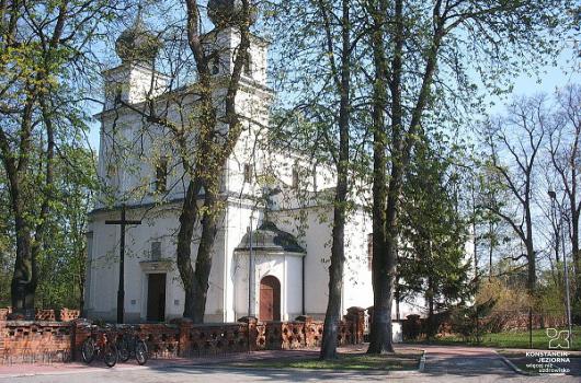 Duży budynek kościoła widoczny z narożnika, na frontowej ścianie wejście, u góry dwie kolumny zdobione hełmami, wokół drzewa