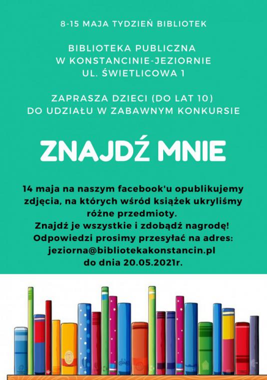 Plakat do konkursu, na dole ksiązki widoczne od grzbietów, powyzej na zielonym tle informacje o konkursie