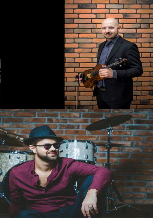 Mozaika 4 zdjęć muzyków. Na trzech fotografiach widoczne są instrumenty muzyczne: skrzypce, kontrabas, perkusja.