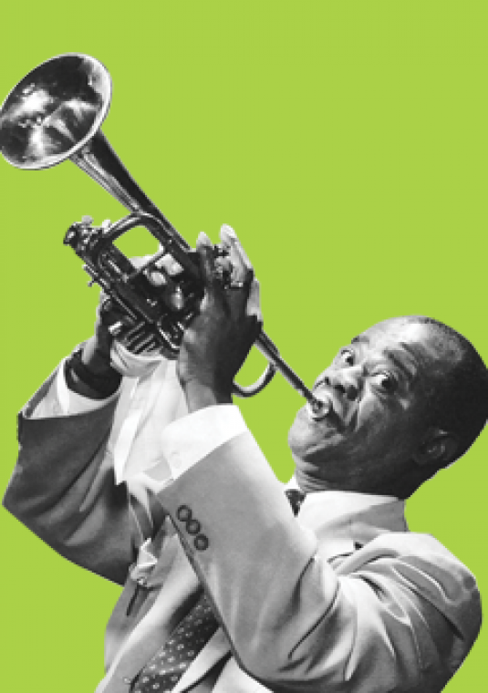Plakat promujący Jazz Zdrój Festiwal. Zielone tło, w prawym rogu czarno-białe zdjęcie Louisa Armstronga, który gra na trąbce. 