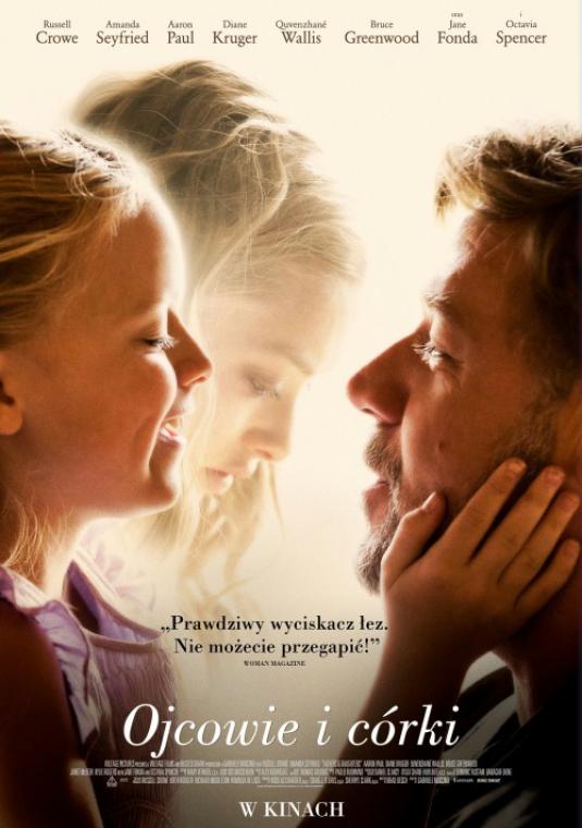Plakat filmu Ojcowie i córki.  W głównej części uśmiechnięta dziewczynka która obejmuje dłońmi twarz swojego taty. W tle widać postać drugiej dziewczyny.  