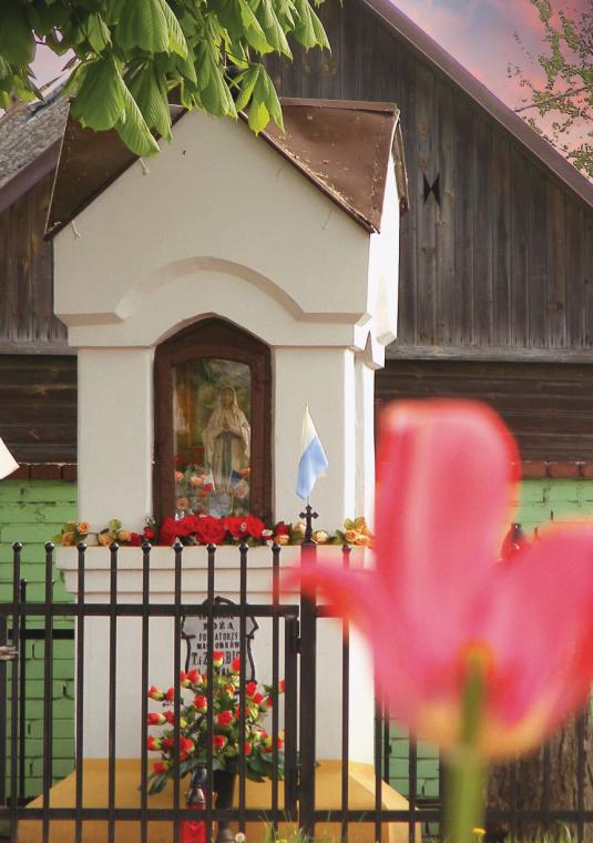 Przydrożna kapliczka murowana. W niej Maryja. Kapliczka jest ogrodzona niskim płotkiem. Przed nią rosną letnie kwiaty.