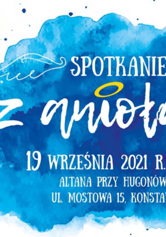 Grafika. Na białym tle niebieska chmura namalowana farbami. Na niej napis spotkanie z aniołami, data i miejsce wydarzenia. Treść grafiki nawiązuje do artykułu.  