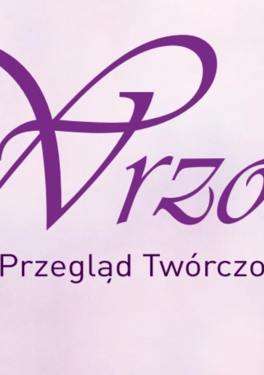 Grafika. Na różowym tle duży fioletowy napis Wrzosowiska. Pod spodem napis Przegląd Twórczości Artystycznej Seniorów.