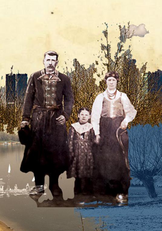 Grafika. W głównej części czarnobiała fotografia rodziców z dzieckiem. W tle kolorowe krajobrazy przyrody.