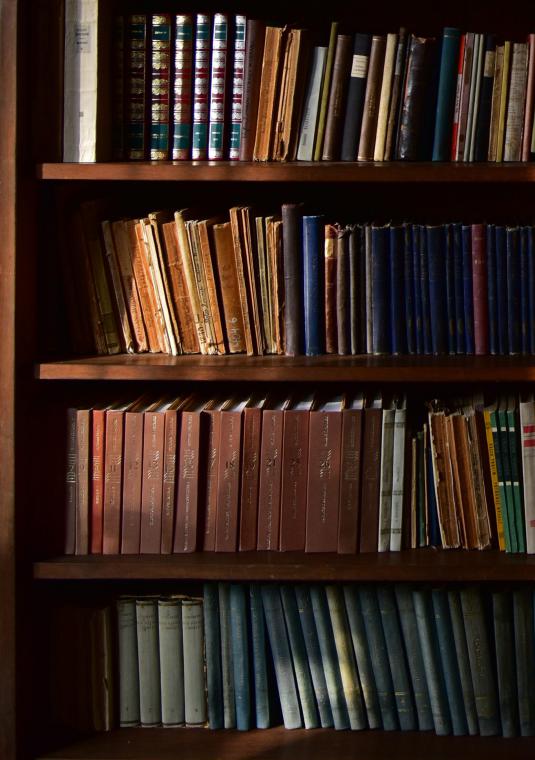 Regał, biblioteczka wypełniona po brzegi książkami.