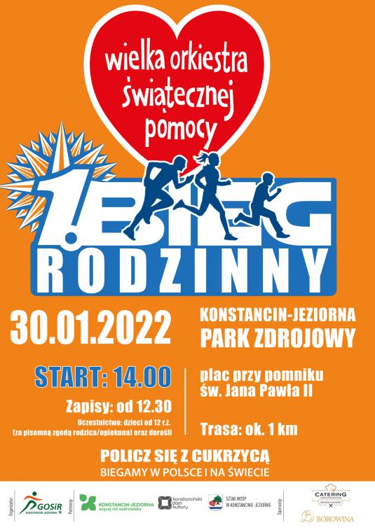 Grafika wektorowa. Plakat promujący pierwszy bieg rodzinny. Na górze czerwone serce z tekstem Wielka Orkiestra Świątecznej Pomocy. Treść zawarta na plakacie znajduje się w treści artykułu.