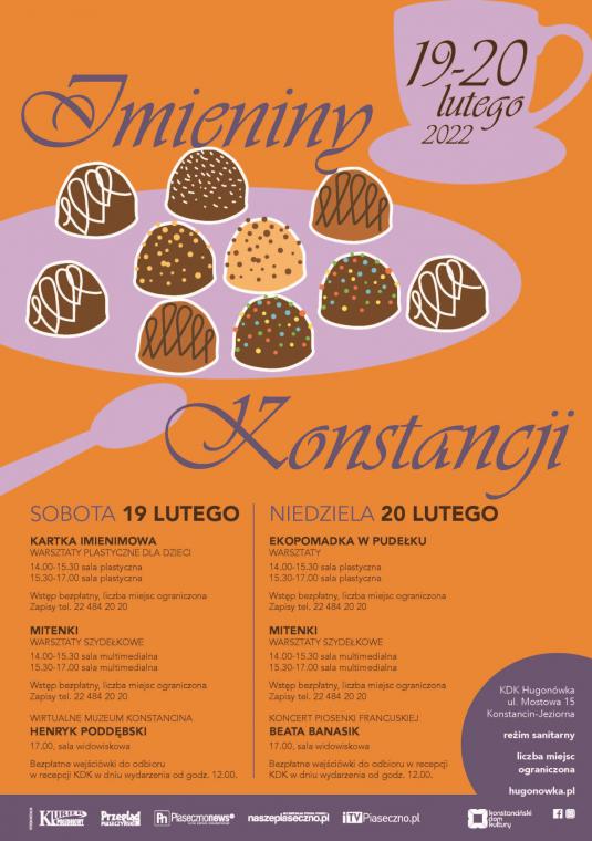 Grafika wektorowa. Pomarańczowe tło na nim kilka ciasteczek – babeczek leżących na talerzyku. Między nimi duży napis: imieniny Konstancji. Pod ciasteczkami znajduje się szczegółowy program wydarzenia, którego treść powielona jest w artykule.