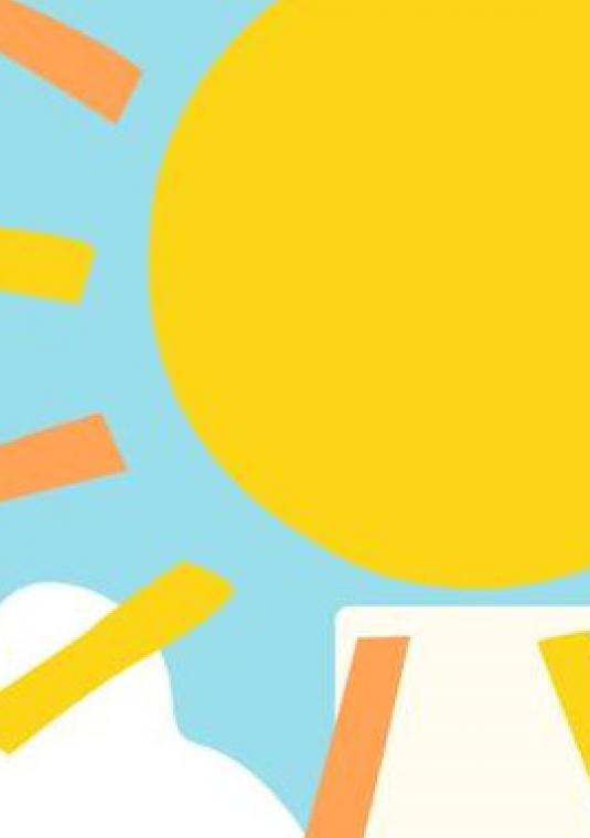 Hasło "Warsztaty handmade Dzień Dziecka" umieszczony na tle nieba z chmurami i słońcem, w roku grafiki umieszczone jest logo budżetu partycypacyjnego.
