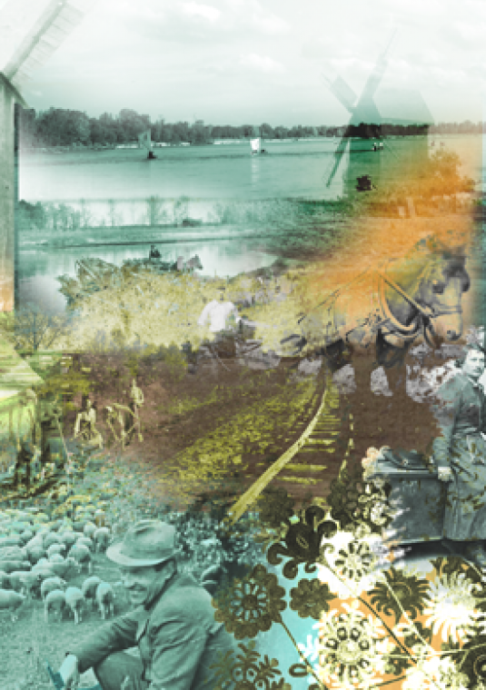 Grafika: połączone kilka zdjęć przestawiających rzekę Wisłę, stary młyn oraz wiejskie gospodarstwo. 