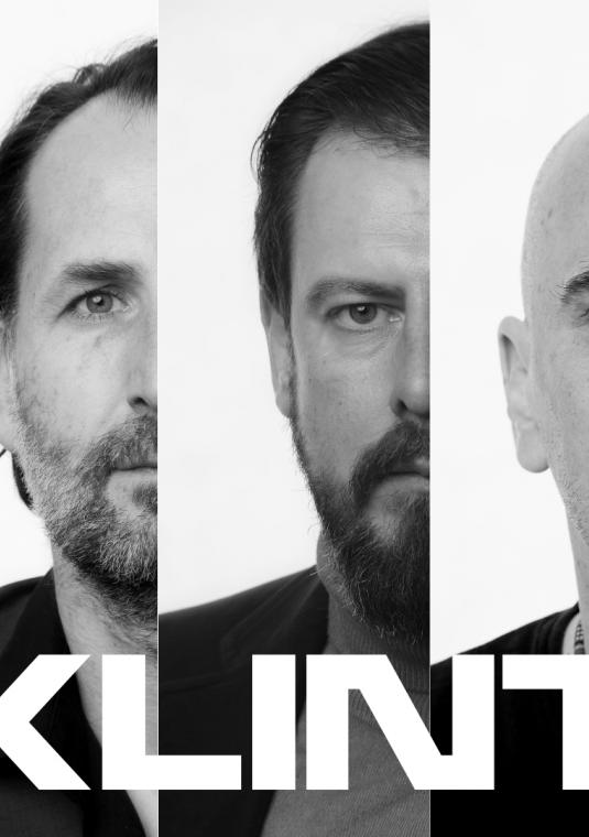 Plakat zespołu Klint, trzy męskie twarze wykadrowane do połowy w pionie