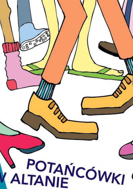 grafika, nogi tancerzy w kolorowych spodniach, rajstopach, skarpetach i butach