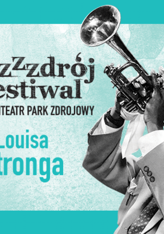 Plakat festiwalu jazzowego z grafiką Luisa Armstronga grającego na trąbce.