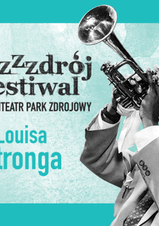 Plakat festiwalu jazzowego z grafiką Luisa Armstronga grającego na trąbce. 