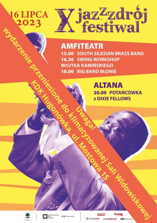 Plakat festiwalu jazzowego z grafiką Luisa Armstronga grającego na trąbce.