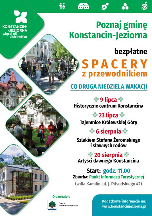 Grafika wektorowa. Plakat promujący spacery z przewodnikiem.