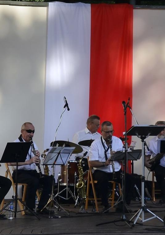 Na scenie amfiteatru grupa muzyków gra na instrumentach.