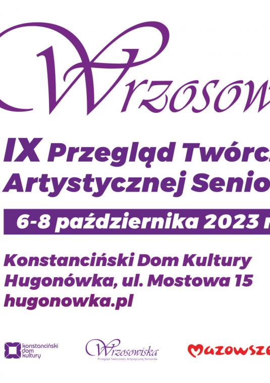 Grafika. Na białym tle duży fioletowy napis Wrzosowiska. Pod spodem napis Przegląd Twórczości Artystycznej Seniorów.