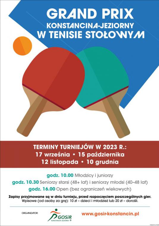 Grafika wektorowa. Plakat promujący turniej Grand Prix Konstancina-Jeziorny w Tenisie Stolwym.