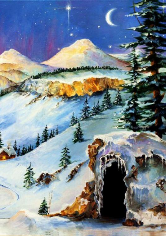 Zimowy krajobraz malowany farbami. Chłodne barwy. Pejzaż przedstawia góry, drzewa liściaste i jezioro. Na niebie zorza polarna.