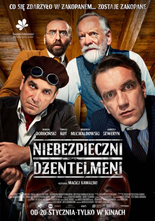 Plakat filmu „Niebezpieczni Dżentelmeni”. Znajduje się na nim czworo mężczyzn.