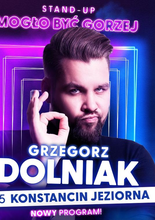 Grafika wektorowa. Plakat promujący stand-up Grzegorza Dolniaka.