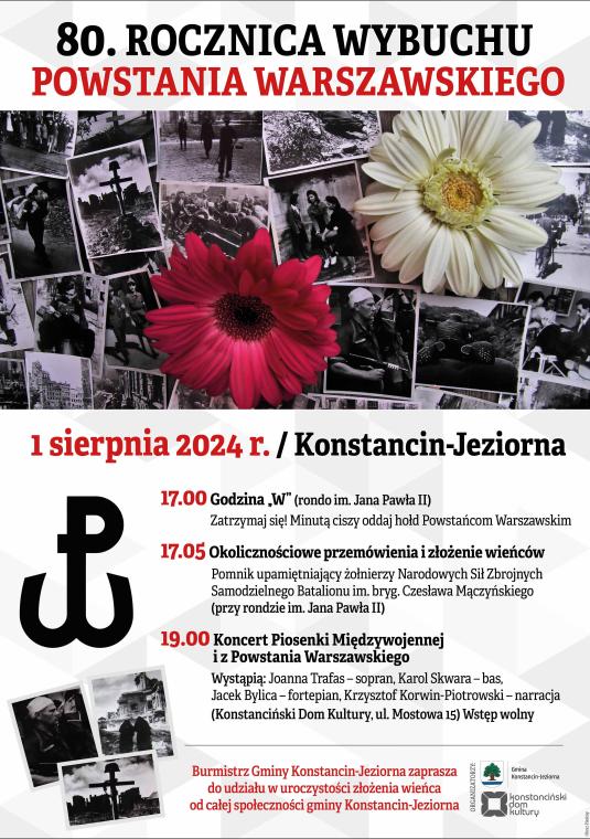Plakat informujący o obchodach 80. Rocznicy Powstania Warszawskiego, informacje zamieszczone na plakacie znajdują się w artykule.