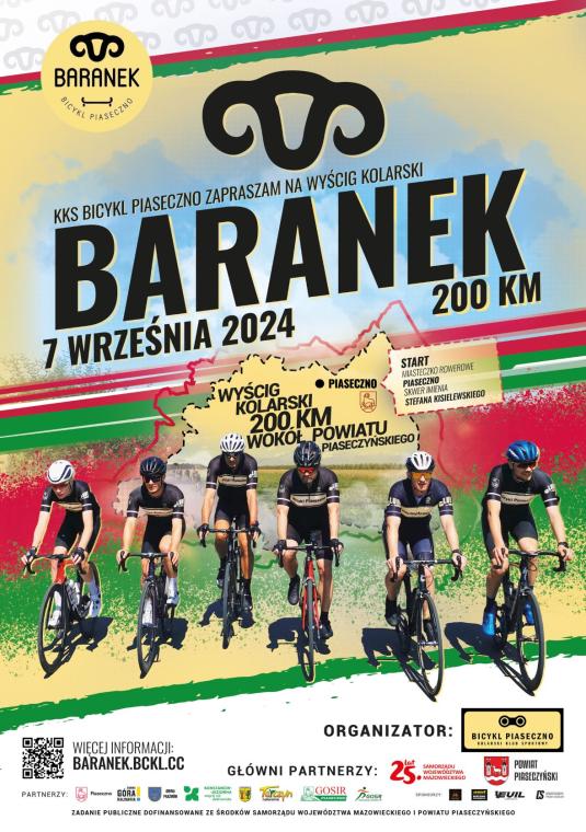 grupka osób na rowerach na tle kolorowy plakat reklamowy wyścigu