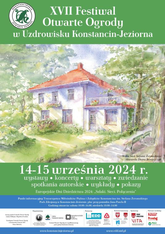 Plakat promujący Festiwal Otwarte Ogrody. Treść z plakatu znajduje się w tekście.