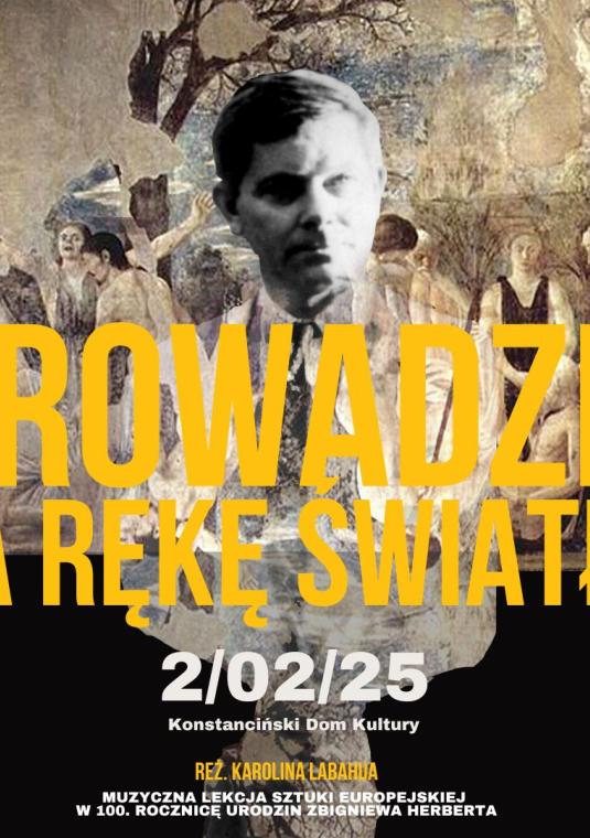 mężczyzna w tle rozmyte obrazy, żółte napisy z przodu