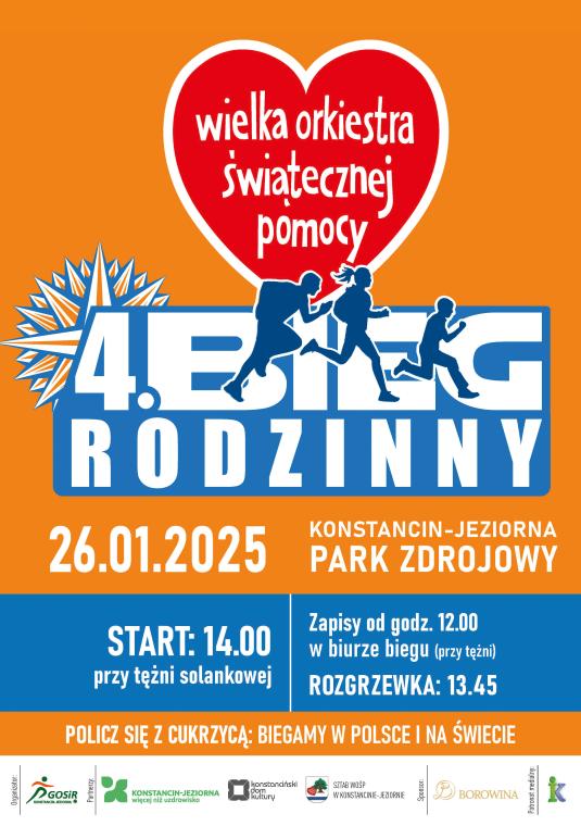 Plakat promujący 4. Bieg Rodzinny w Konstancinie-Jeziornie. Treść z plakatu jest w artykule.