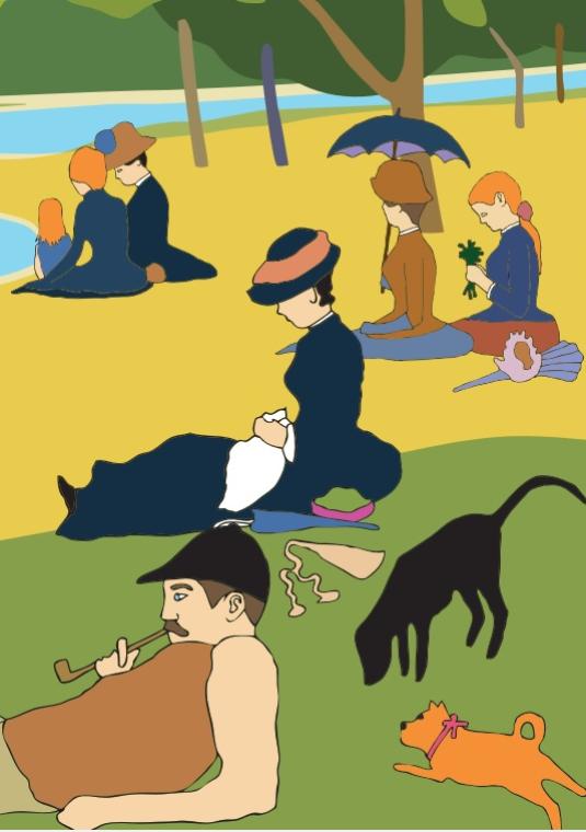 Graficzny plakat Dni Konstancina-Jeziorny. Ilustracja inspirowana stylem secesyjnym przedstawia grupę elegancko ubranych osób z przełomu XIX i XX wieku, wypoczywających nad rzeką. Postacie siedzą i spacerują po łące wśród drzew, niektóre z parasolkami i kapeluszami. W tle widoczna jest rzeka z żaglówką. Na pierwszym planie widać mężczyznę z fajką, czarne i pomarańczowe koty oraz małą małpkę.przedstawiający