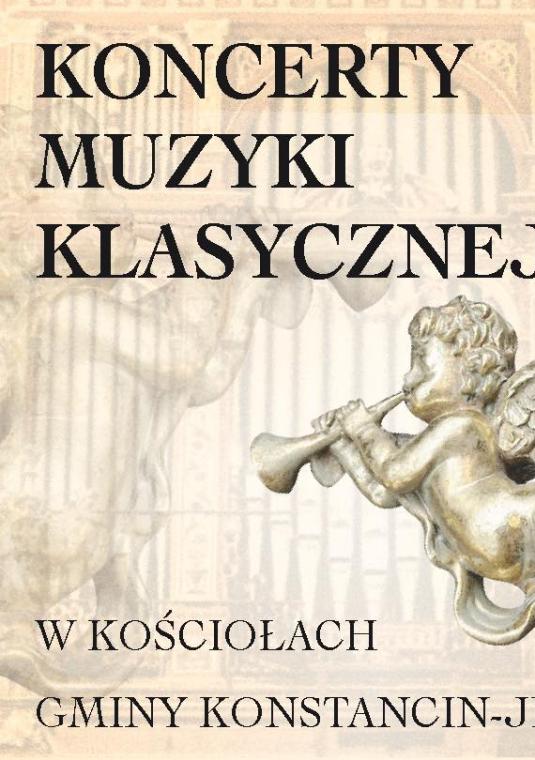 plakat koncert muzyki klasycznej z rzeźbą aniołka grającego na trąbce