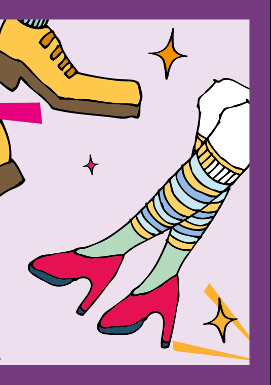 Rysunek przedstawia męskie nogi w eleganckich butach i na obcasach w ruchu tanecznym. Kompozycja oddaje dynamiczny, taneczny klimat sceny.