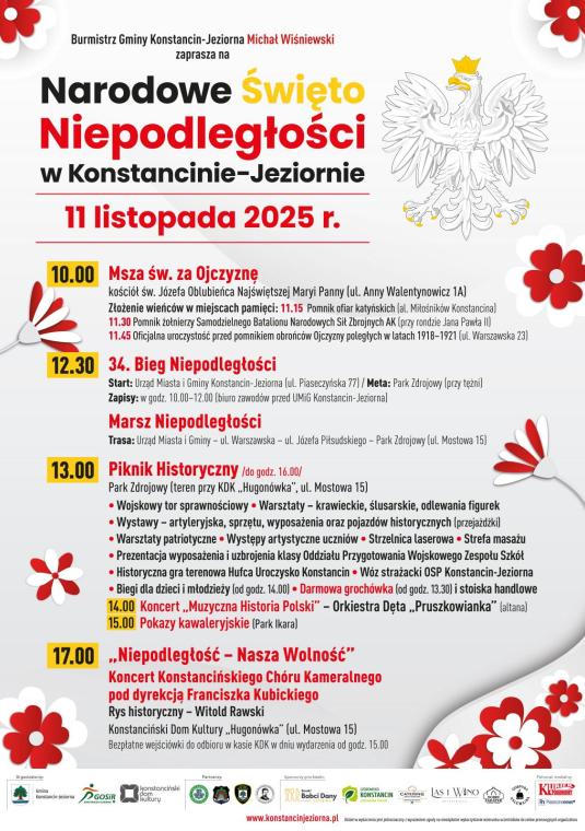 Plakat promujący gminne obchody święta niepodległości. Treść z plakatu znajduje się w treści artykułu.
