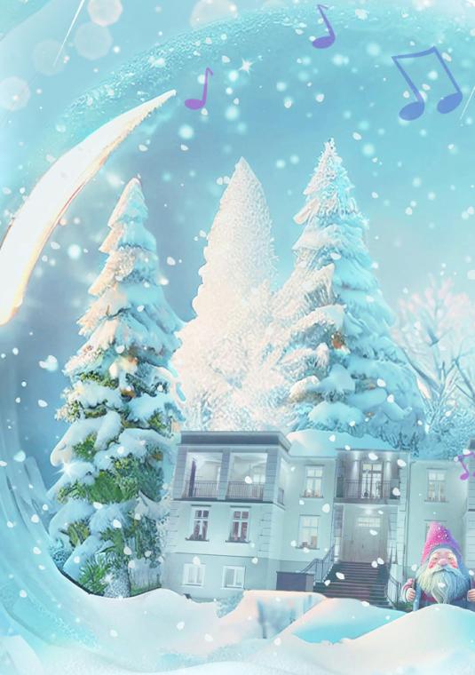 Ilustracja przedstawia zimową scenę w szklanej kuli. W jej wnętrzu stoją ośnieżone domki i choinki, a wokół kuli unoszą się delikatne nutki, nadając całości świąteczny, muzyczny nastrój.