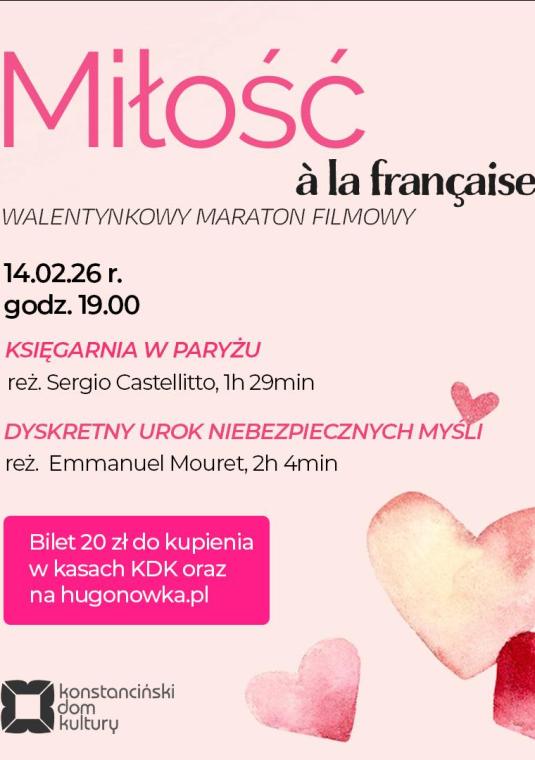 Plakat wydarzenia pastelowo różowe tło, rysowane, różowe serduszka, napis Miłość à la française walentynkowy maraton filmowy
